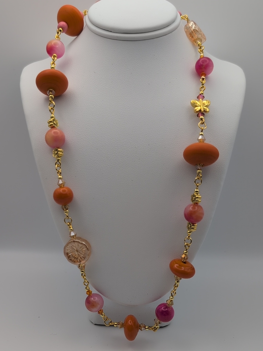 Handmade Jade, Ceramic Howlite Crystal Pink & Orange Beaded Necklace 19.5"